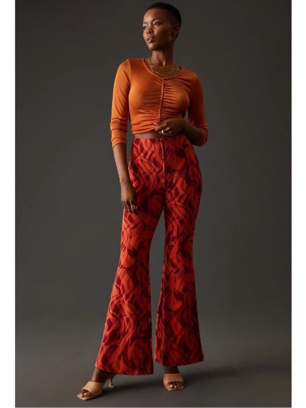 Anthropologie The Joni Orange Red Printed Pull On Flare Pants Medium